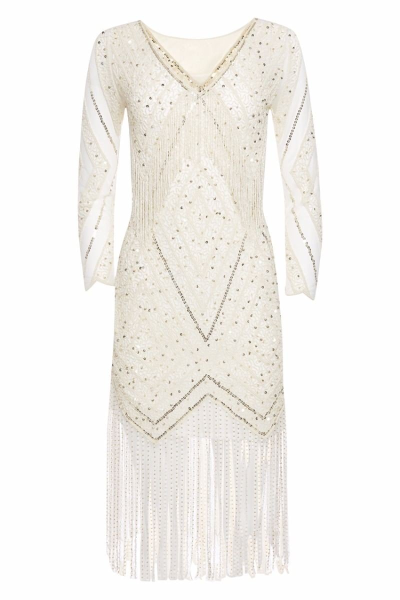 Charleston Fringe Party Dress in Ivory Gold