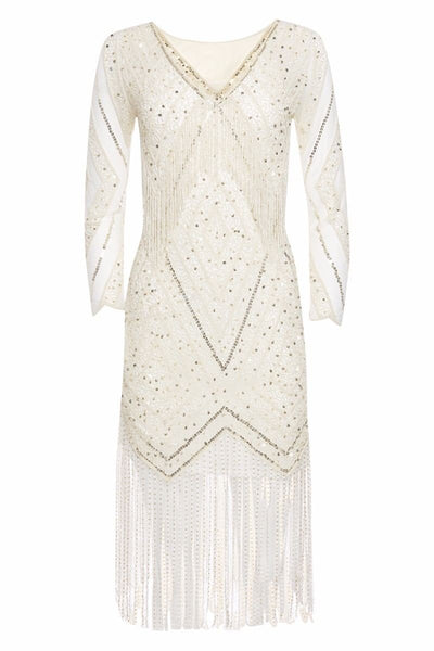 Charleston Fringe Party Dress in Ivory Gold
