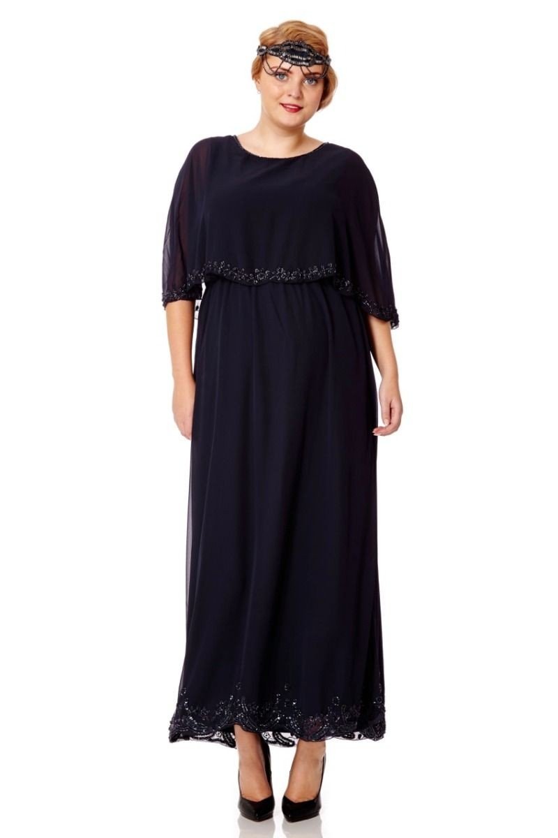 Flapper Style Maxi Cape Dress in Navy Blue