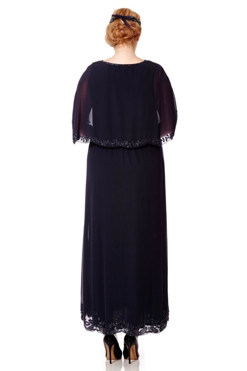 Flapper Style Maxi Cape Dress in Navy Blue