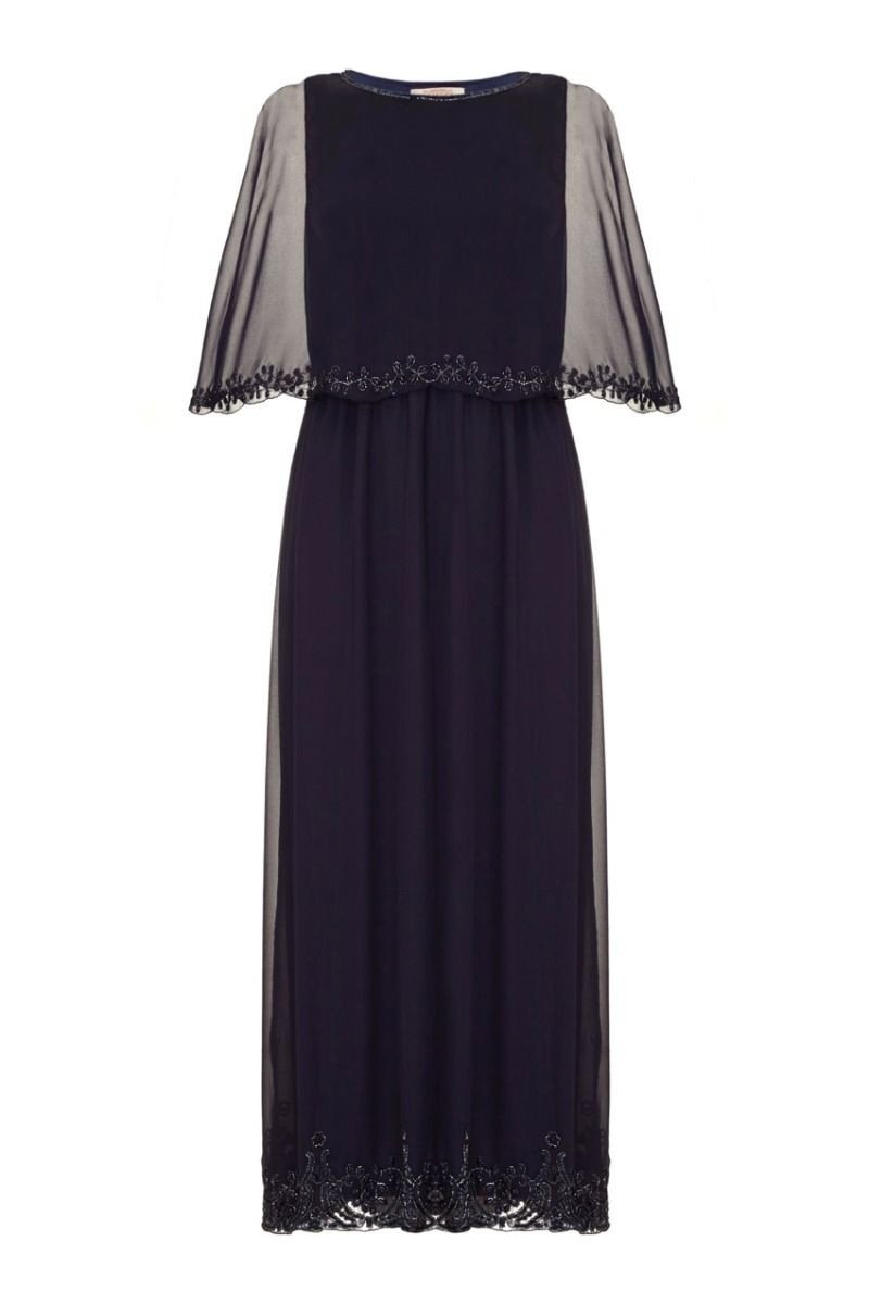 Flapper Style Maxi Cape Dress in Navy Blue
