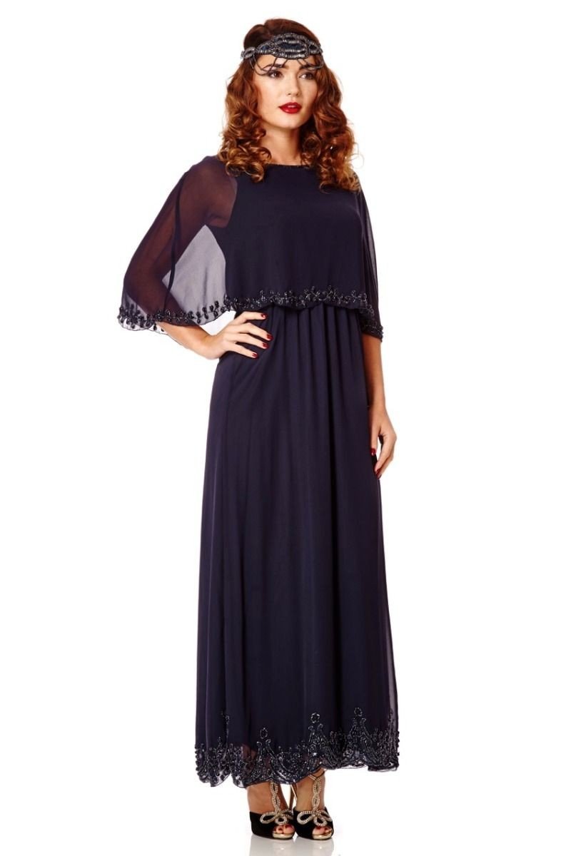 Flapper Style Maxi Cape Dress in Navy Blue - SALE