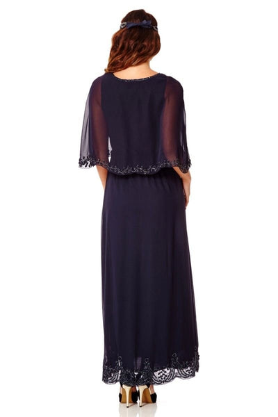 Flapper Style Maxi Cape Dress in Navy Blue