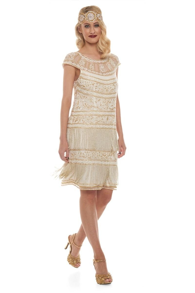 Roaring Twenties Fringe Party Dress in Ivory Gold