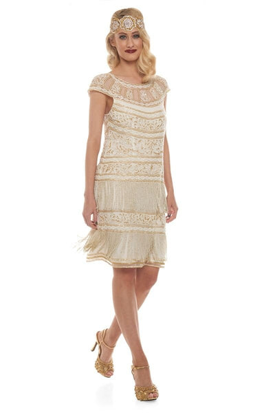 Roaring Twenties Fringe Party Dress in Ivory Gold