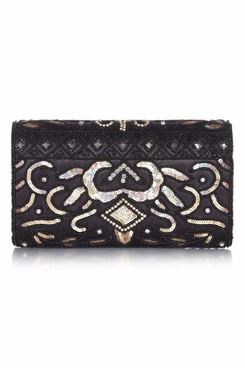 Vintage Inspired Embellished Clutch Bag in Black Gold