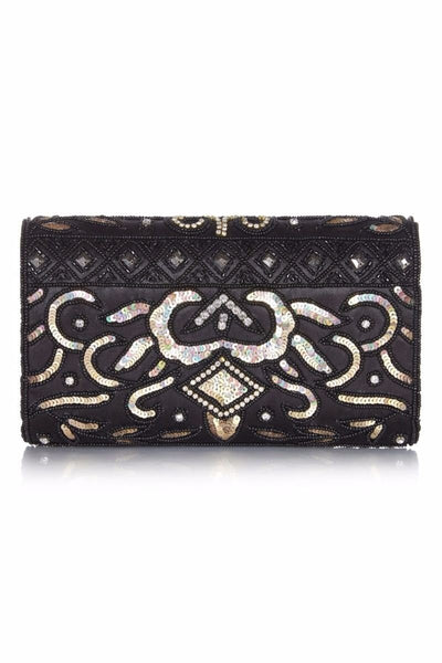Vintage Inspired Embellished Clutch Bag in Black Gold