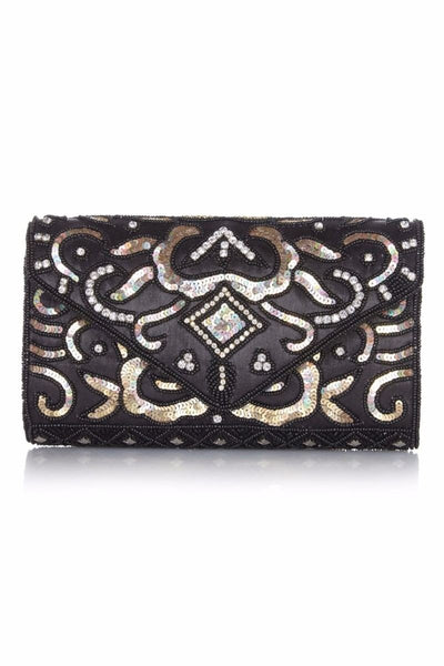 Vintage Inspired Embellished Clutch Bag in Black Gold