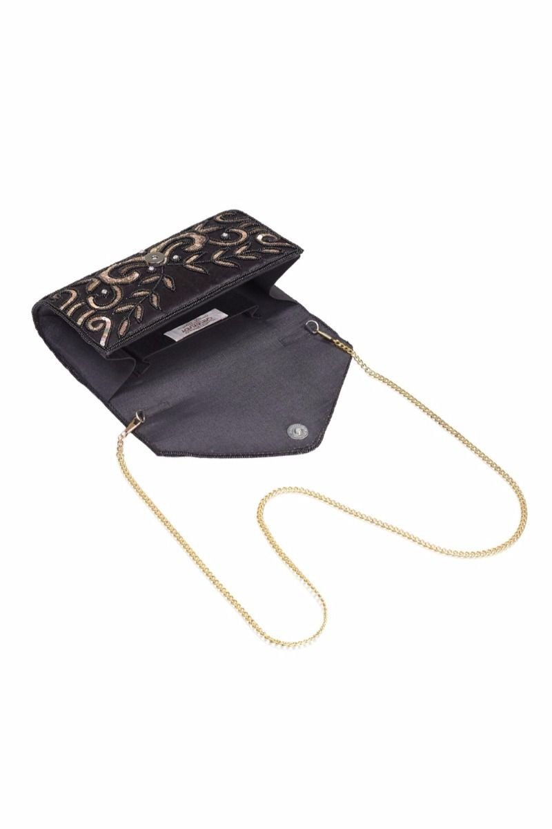 Vintage Inspired Embellished Clutch Bag in Black Gold