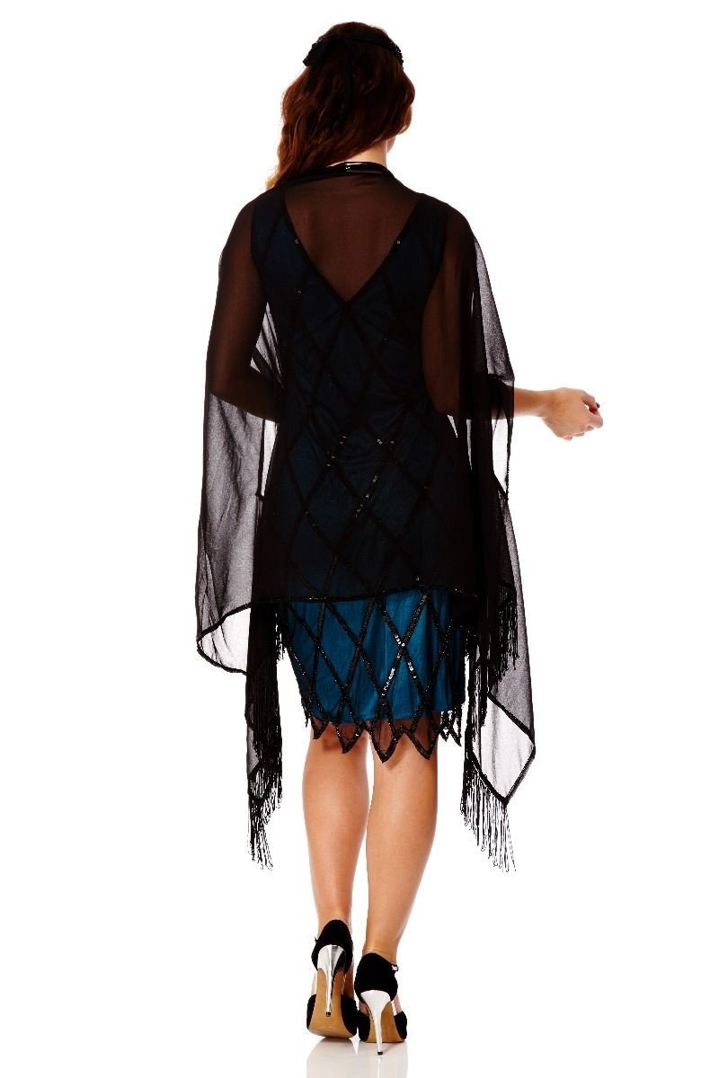 1920s Style Fringe Shawl in Black