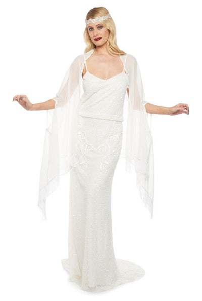 1920s Style Fringe Shawl in Off White