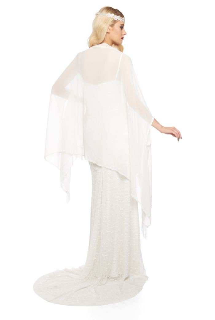 1920s Style Fringe Shawl in Off White