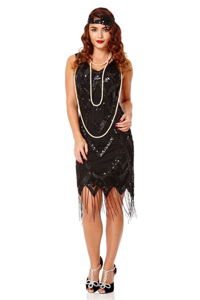 Gatsby Style Art Deco Fringe Dress in Black