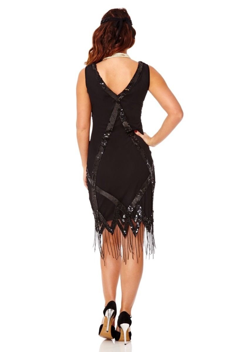 Gatsby Style Art Deco Fringe Dress in Black