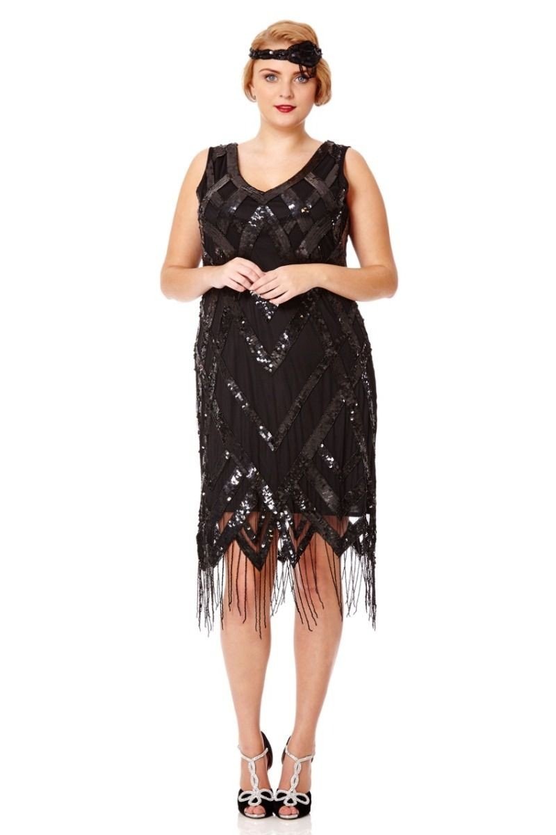 Gatsby Style Art Deco Fringe Dress in Black