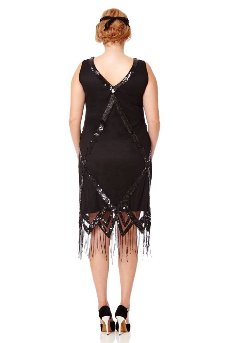 Gatsby Style Art Deco Fringe Dress in Black