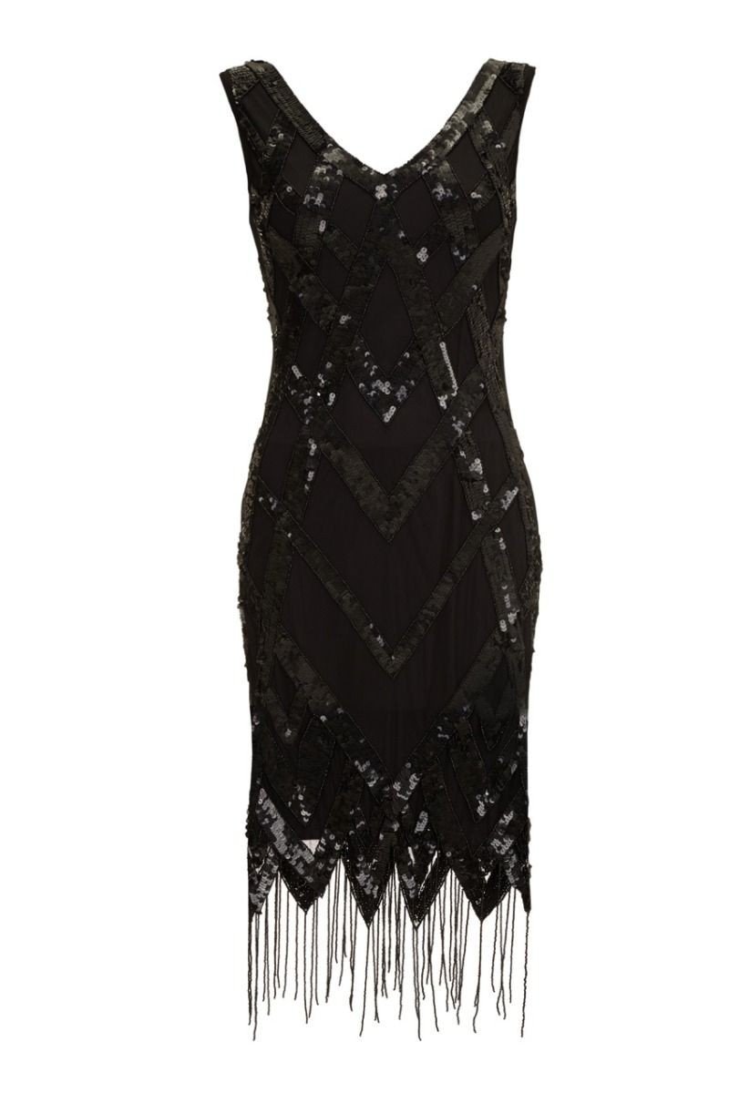 Gatsby Style Art Deco Fringe Dress in Black