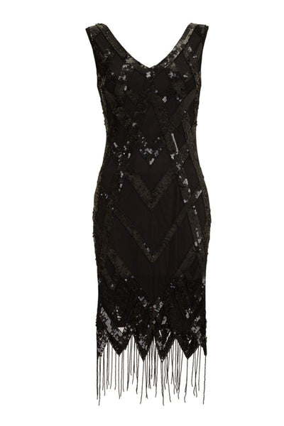 Gatsby Style Art Deco Fringe Dress in Black