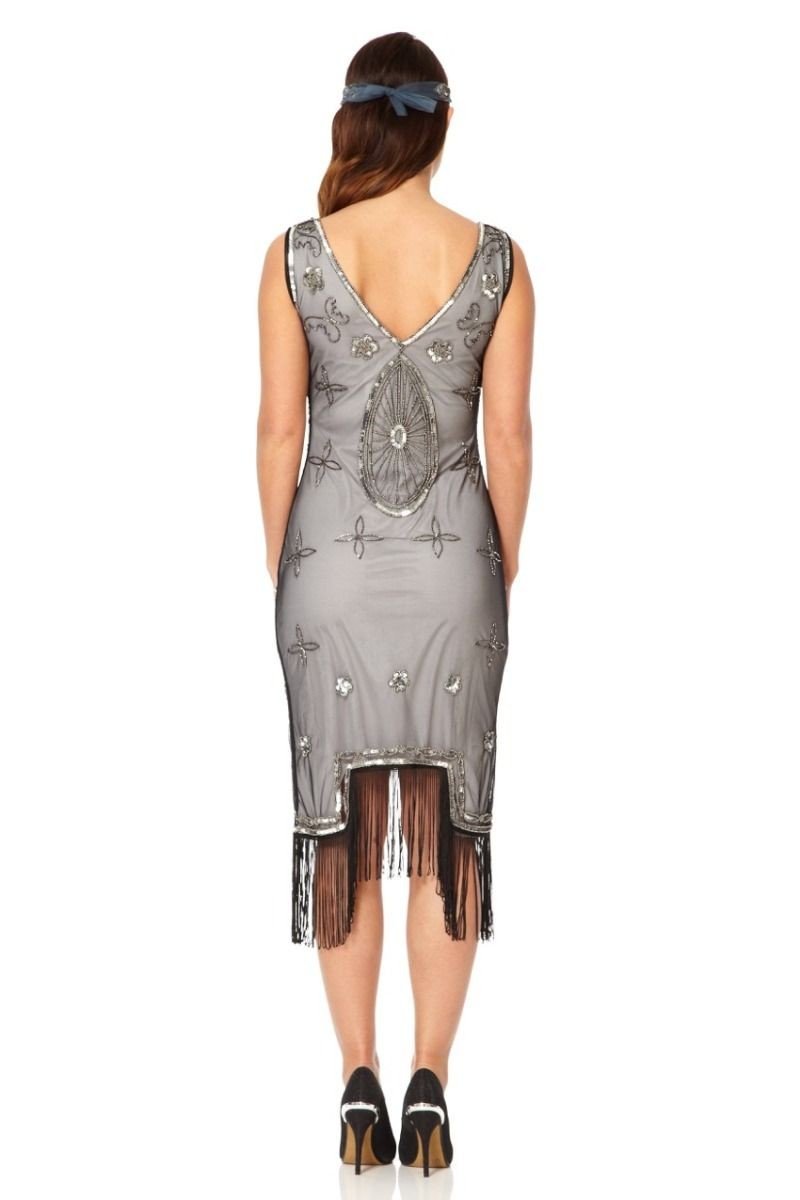 Art Deco Fringe Party Dress in Black Silver