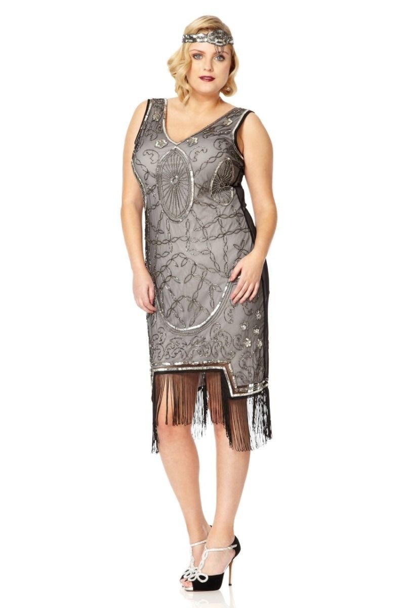 Art Deco Fringe Party Dress in Black Silver