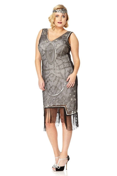 Art Deco Fringe Party Dress in Black Silver
