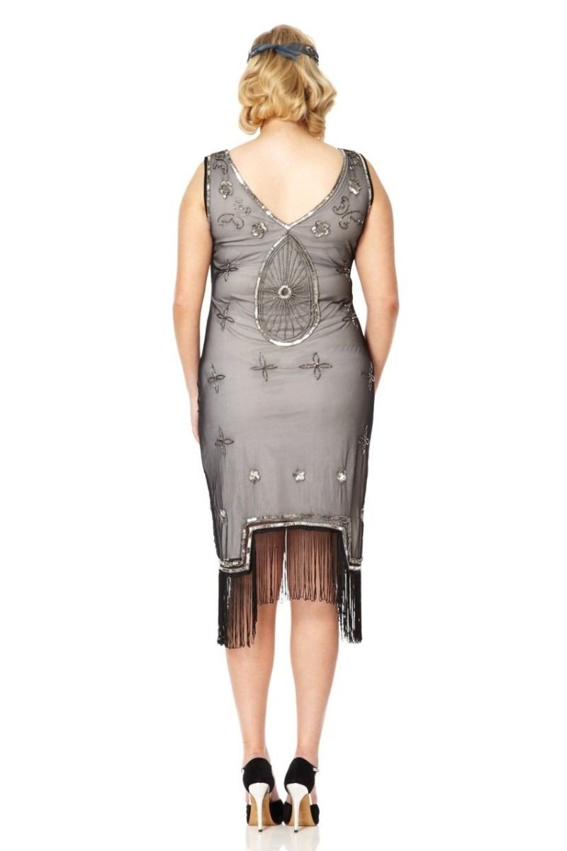 Art Deco Fringe Party Dress in Black Silver
