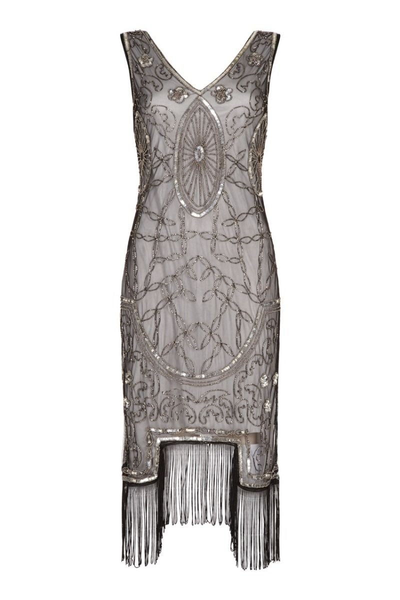 Art Deco Fringe Party Dress in Black Silver
