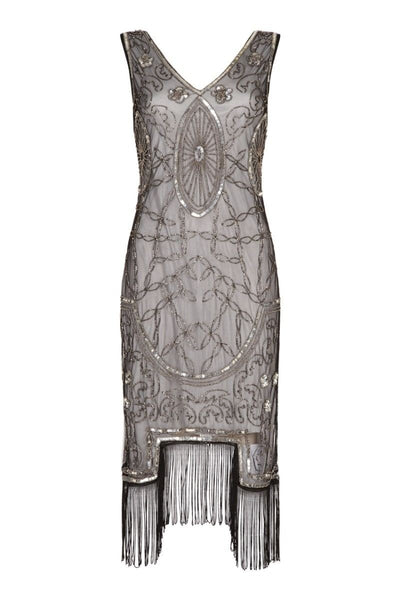 Art Deco Fringe Party Dress in Black Silver