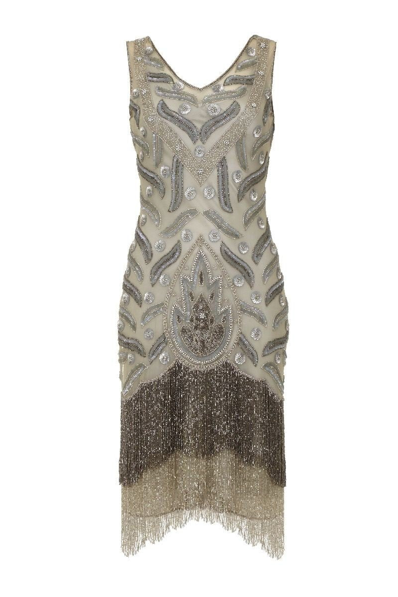 Old Hollywood Fringe Dress in Grey Silver