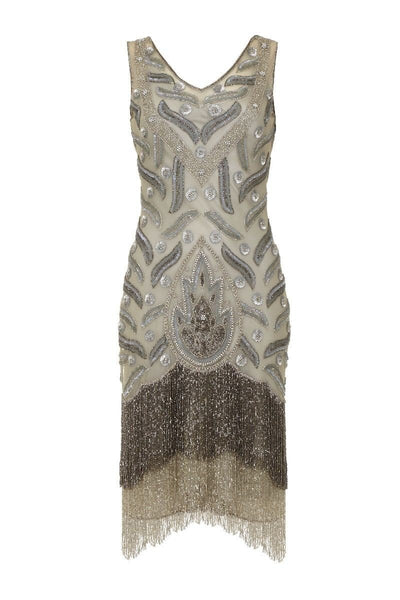 Old Hollywood Fringe Dress in Grey Silver