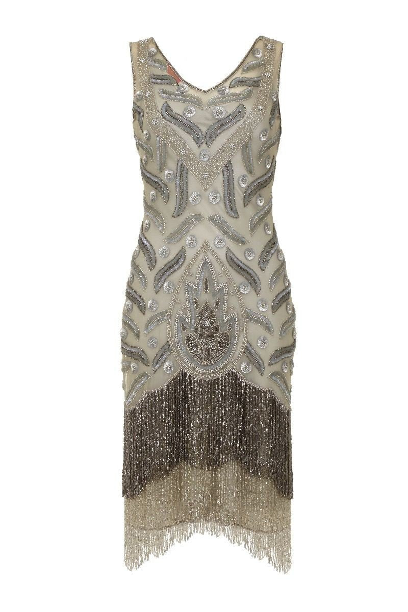 Old Hollywood Fringe Dress in Grey Silver