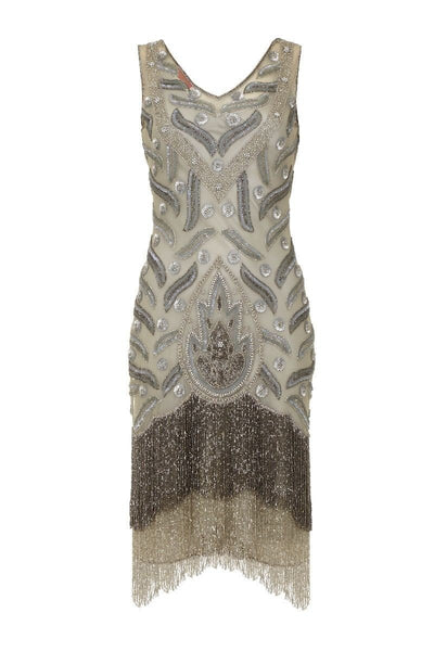Old Hollywood Fringe Dress in Grey Silver