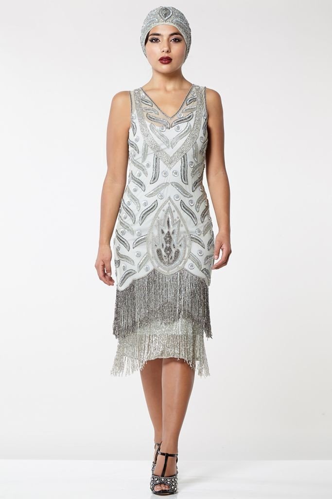 Old Hollywood Fringe Dress in Grey Silver
