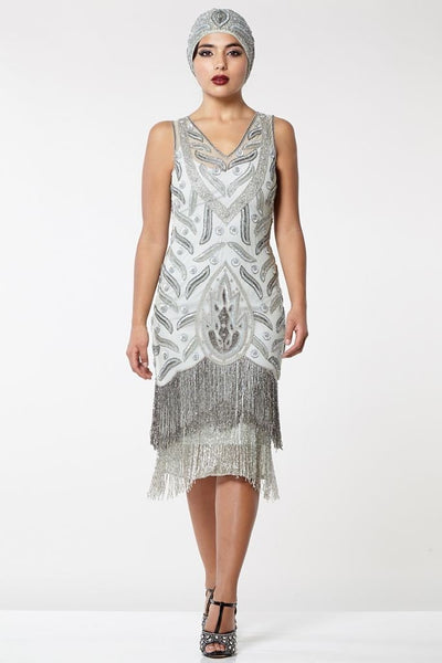 Old Hollywood Fringe Dress in Grey Silver