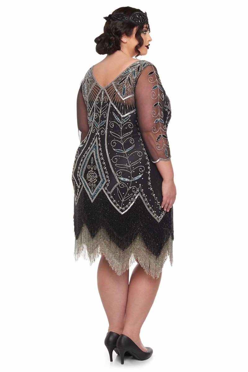 1920s Deco Fringe Party Dress in Black Silver