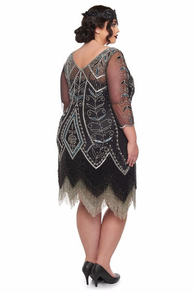 1920s Deco Fringe Party Dress in Black Silver
