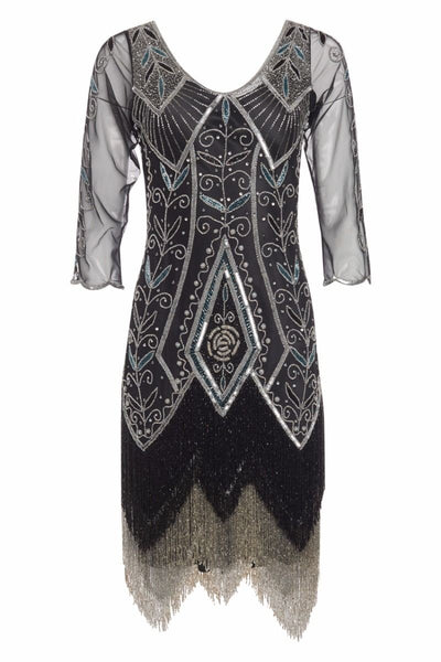 1920s Deco Fringe Party Dress in Black Silver
