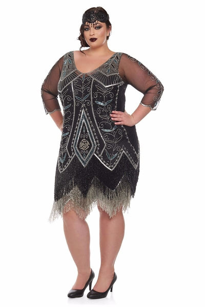 1920s Deco Fringe Party Dress in Black Silver