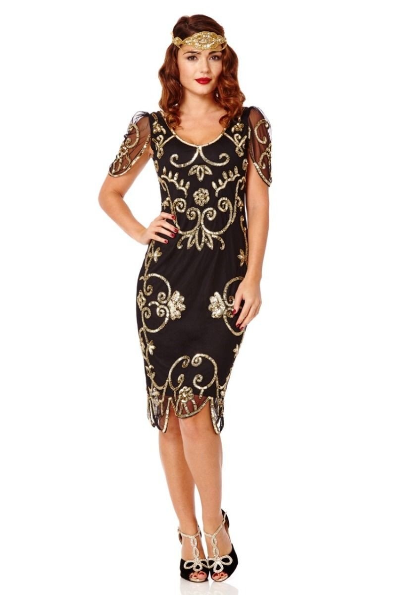 Art Nouveau Romantic Dress in Black Gold