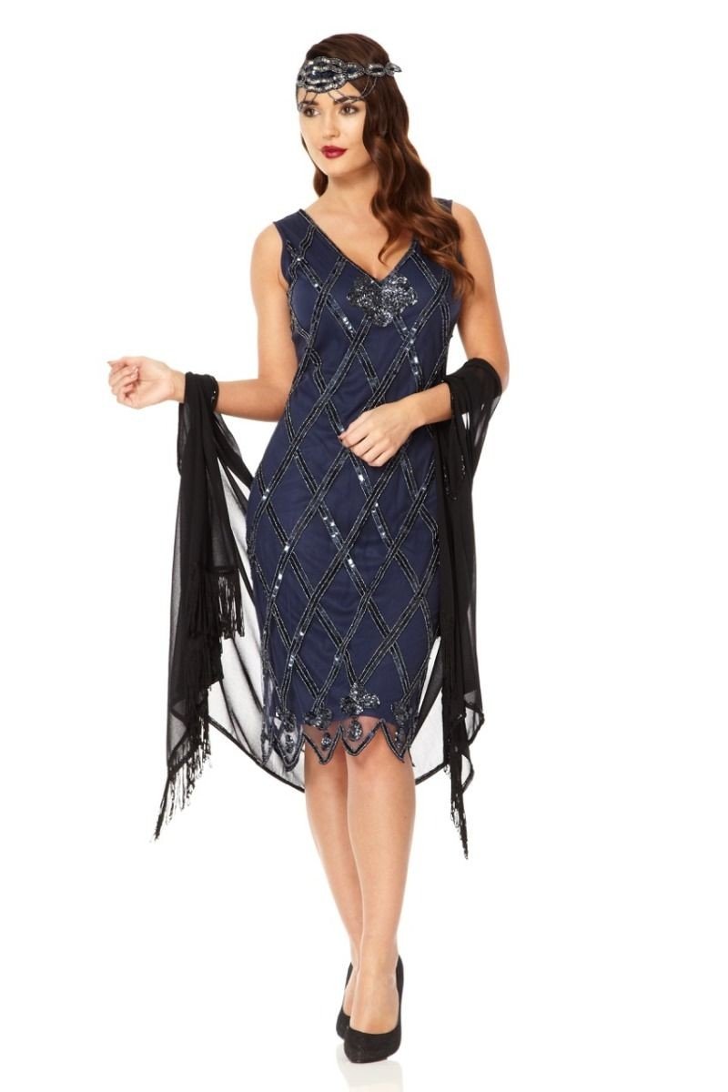 Flapper Style Sequined Dress in Navy Blue