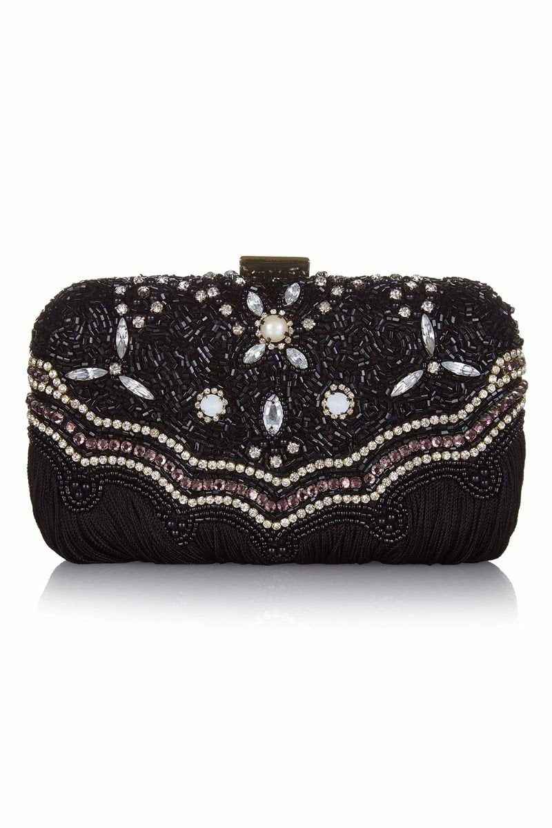 Flapper Style Hand Beaded Fringe Clutch Bag in Black