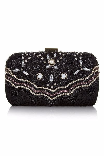 Flapper Style Hand Beaded Fringe Clutch Bag in Black