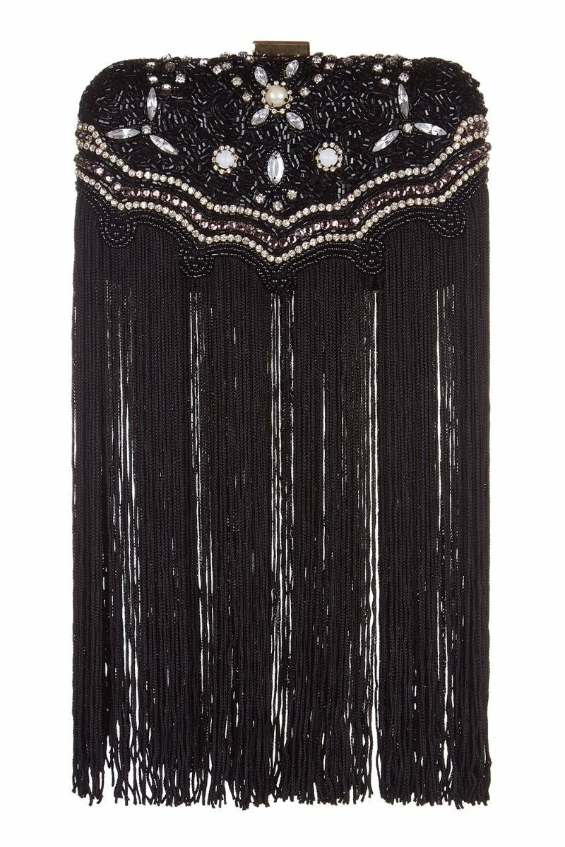 Flapper Style Hand Beaded Fringe Clutch Bag in Black
