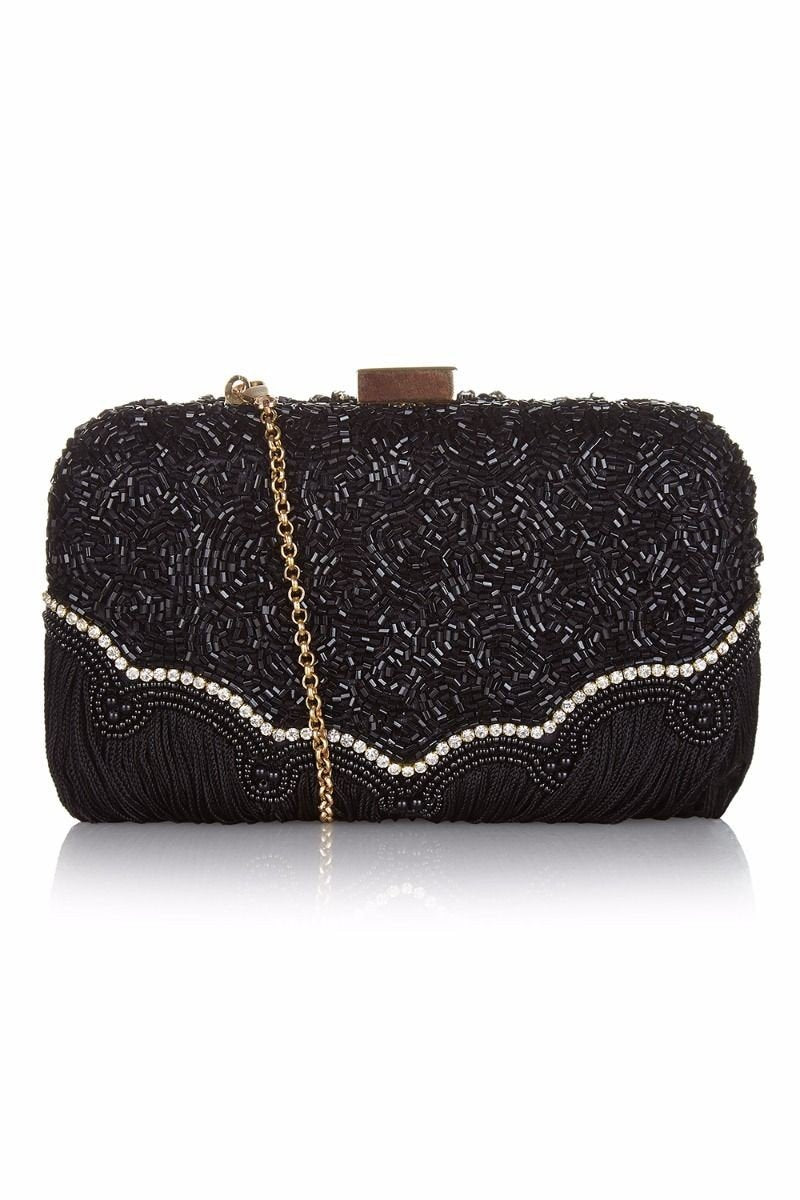 Flapper Style Hand Beaded Fringe Clutch Bag in Black
