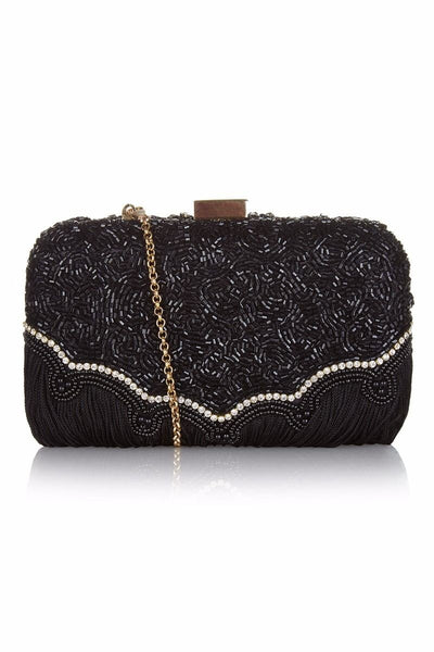 Flapper Style Hand Beaded Fringe Clutch Bag in Black