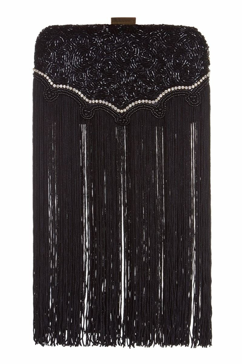 Flapper Style Hand Beaded Fringe Clutch Bag in Black
