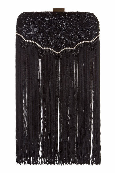 Flapper Style Hand Beaded Fringe Clutch Bag in Black