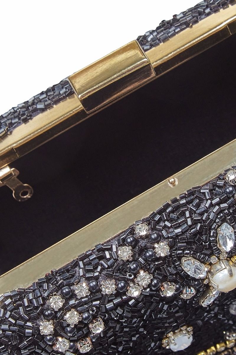 Flapper Style Hand Beaded Fringe Clutch Bag in Black