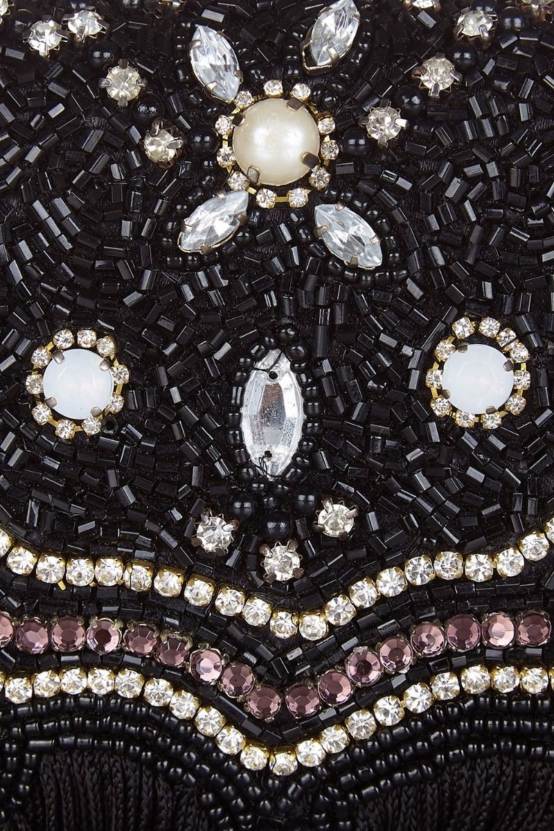 Flapper Style Hand Beaded Fringe Clutch Bag in Black