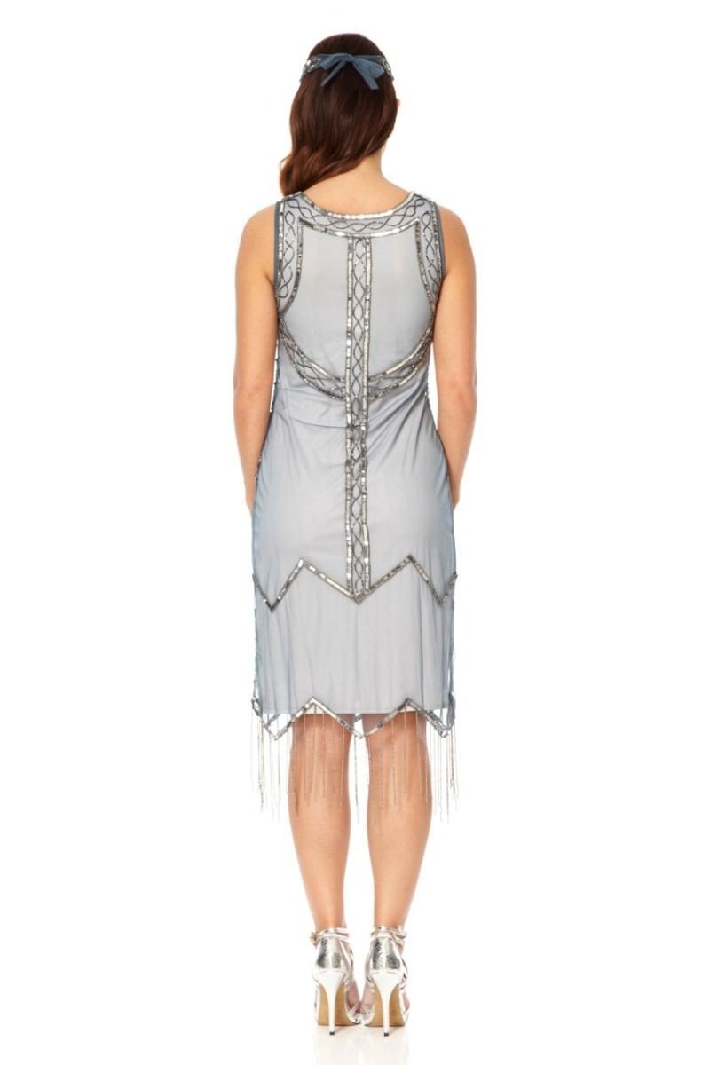 Art Deco Style Fringe Party Dress in Blue Grey